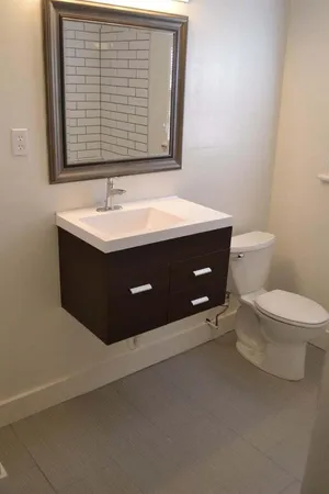 a bathroom with a sink a toilet and mirror