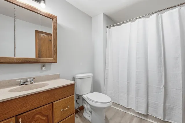 a bathroom with a sink a toilet and shower curtain