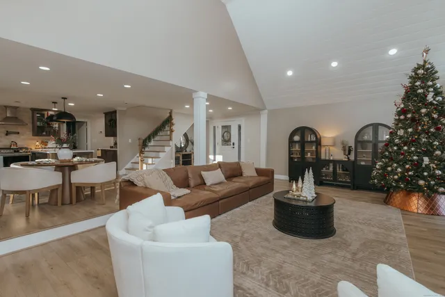 a living room with furniture and a potted plant