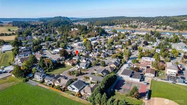 an aerial view of residential houses with outdoor space and trees