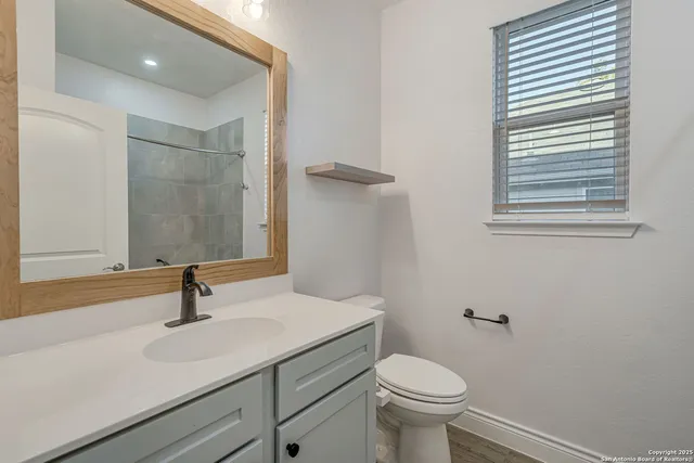 a bathroom with a sink a toilet and a mirror