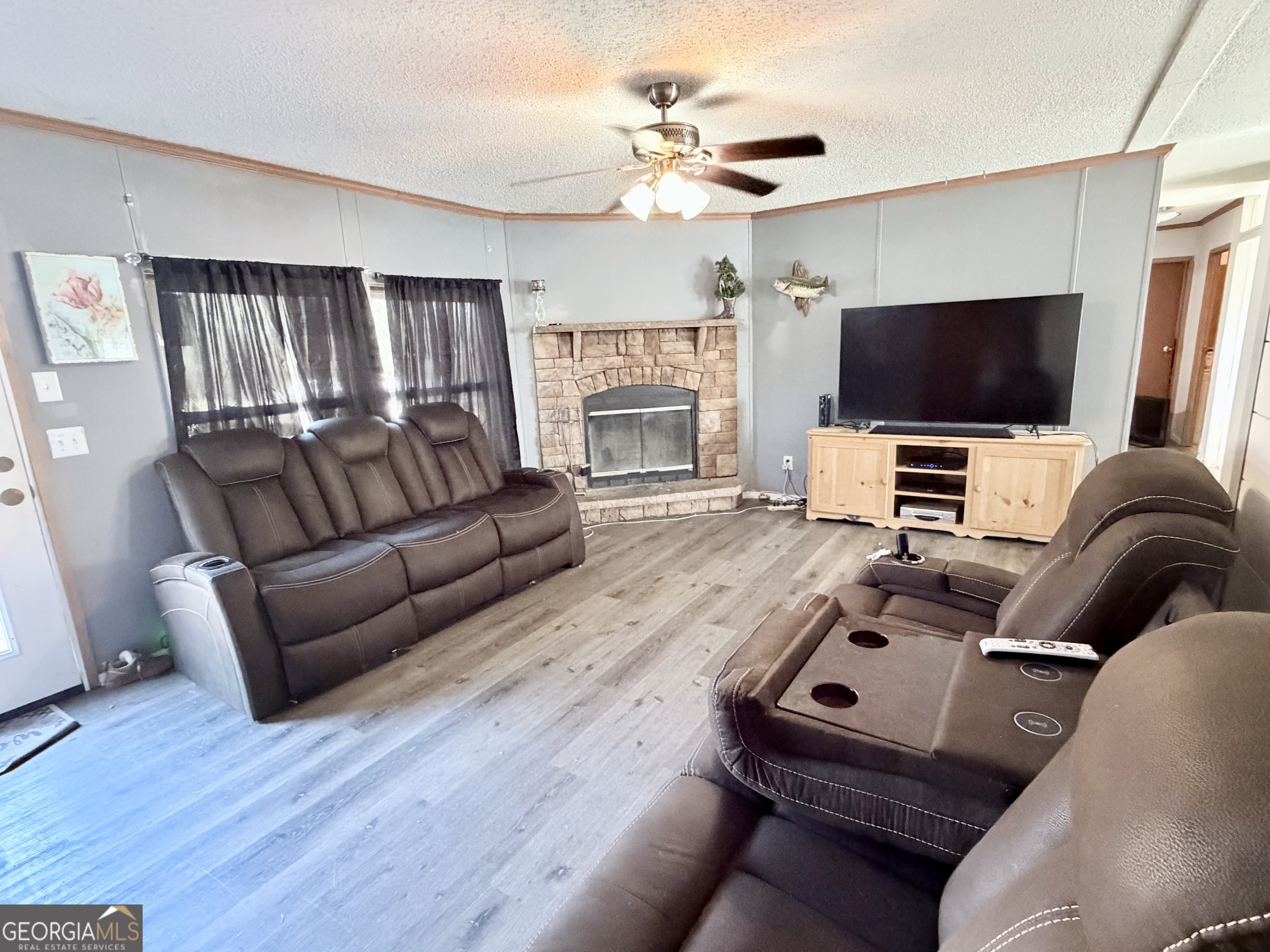 5448 Blanton Mill Road Williamson, GA 30292 - Photo 7 of 50 a living room with furniture a flat screen tv and a fireplace