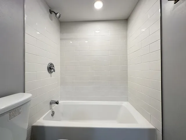 a bathroom with a bathtub and a toilet