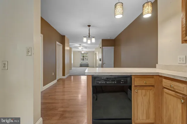 a view of a kitchen from a hallway