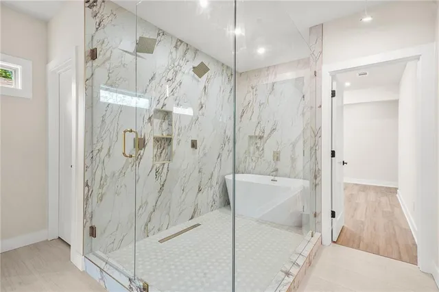 a view of a balcony with wooden floor