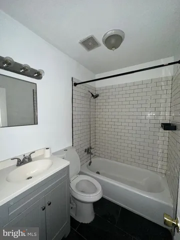 a bathroom with a bathtub shower sink vanity and toilet