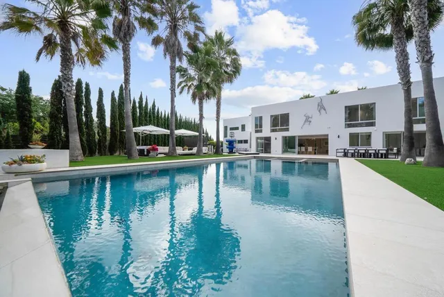 a view of house with swimming pool and lake view