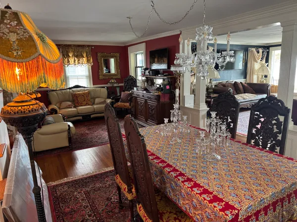 a view of a dining room with furniture