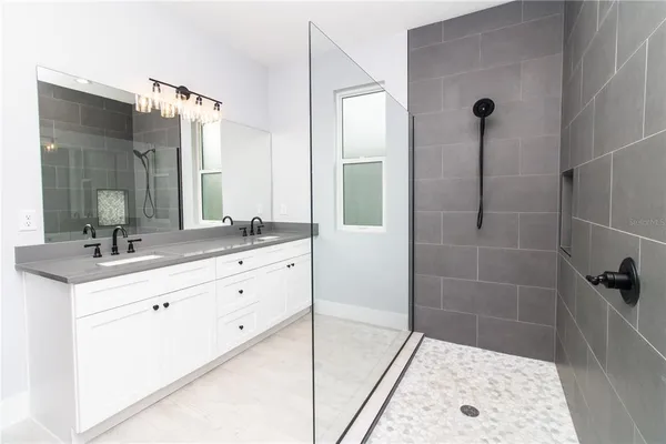 a bathroom with a sink shower and a mirror