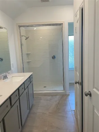 a bathroom with a shower sink and vanity