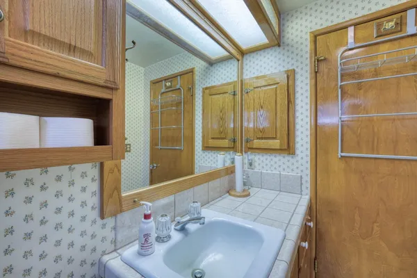 a bathroom with a sink and a mirror