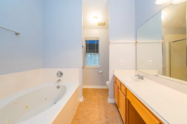 a bathroom with a tub sink and mirror