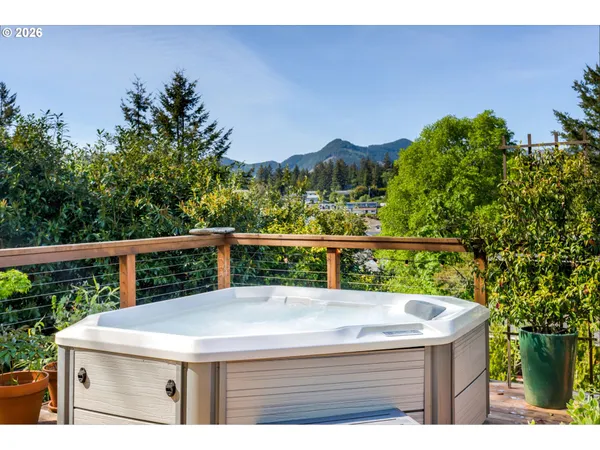 a view of a balcony with mountain view