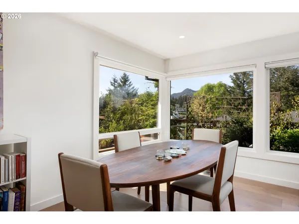 a view of a dining room with furniture window and outside view