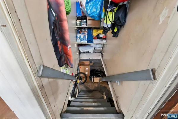 a view of a storage room with racks