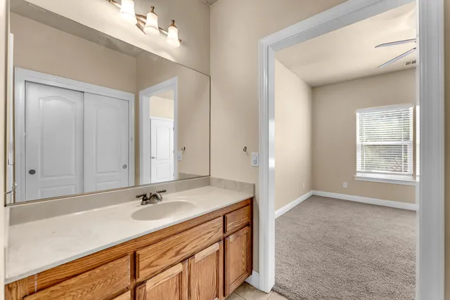 a bathroom with a sink double vanity and a mirror