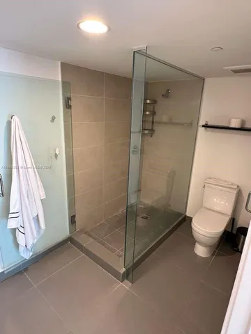 a bathroom with a shower and toilet