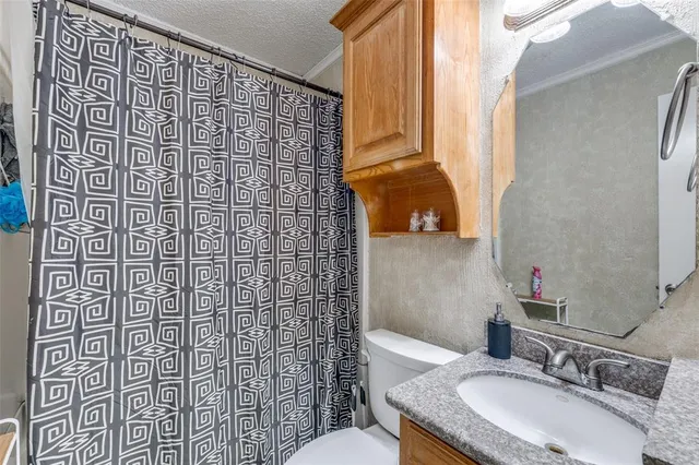 a bathroom with a granite countertop sink a toilet and shower curtain