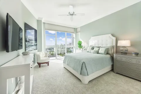 a spacious bedroom with a bed and large window