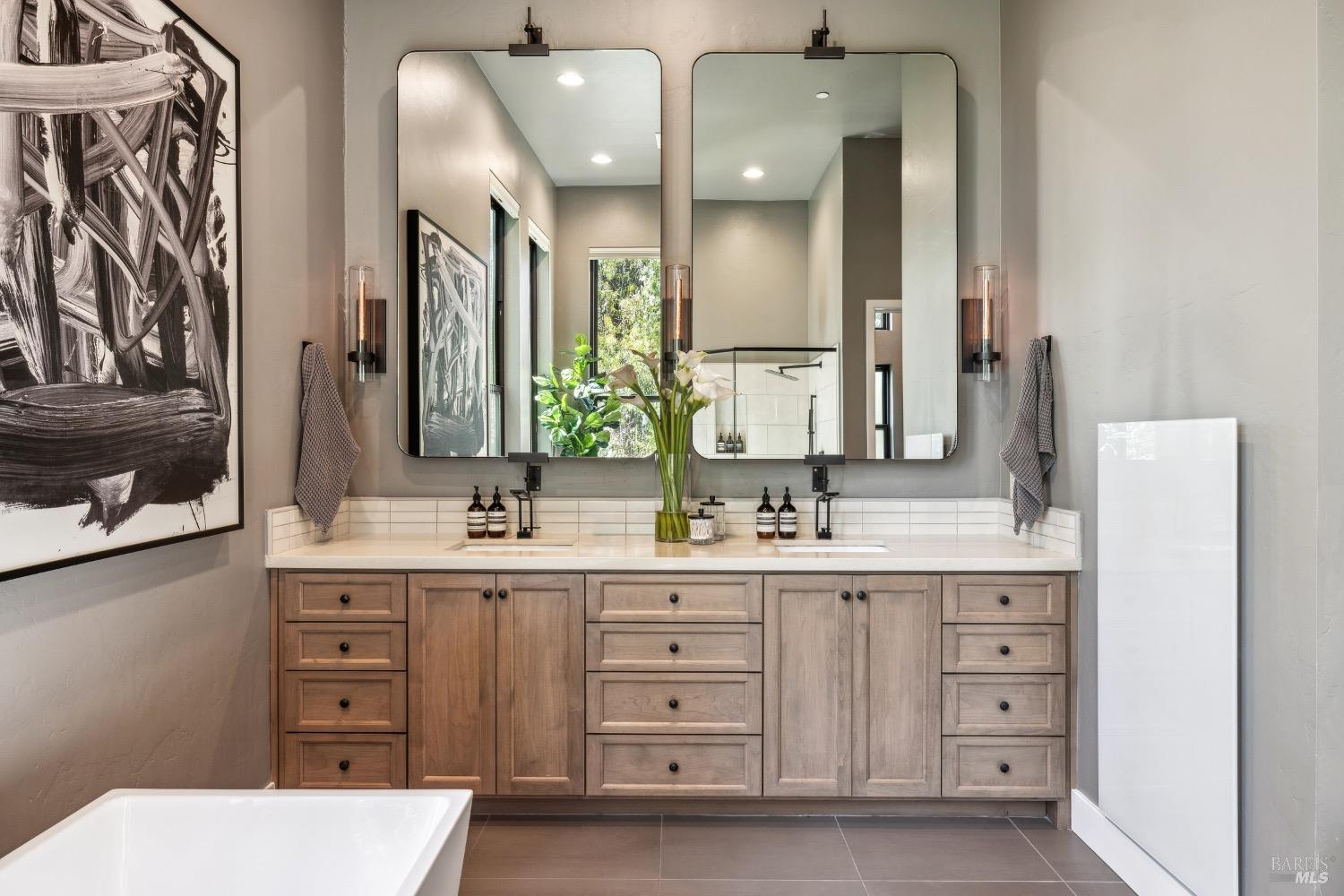 86 Fair Drive San Rafael, CA 94901 - Photo 33 of 65 a bathroom with double sink and a mirror