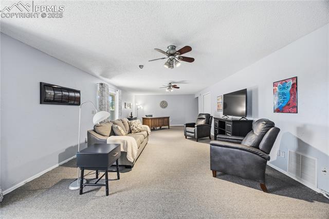 2135 Glenhill Road Colorado Springs, CO 80906 - Photo 37 of 50 Living area with a textured ceiling, carpet flooring, and a ceiling fan