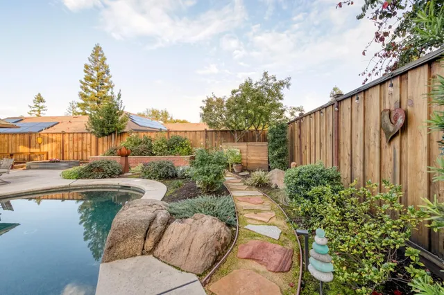 a view of a garden with potted plants and large tree