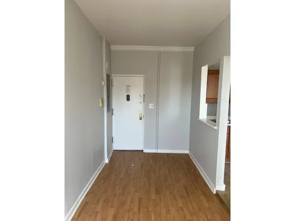 a view of a hallway with wooden floor