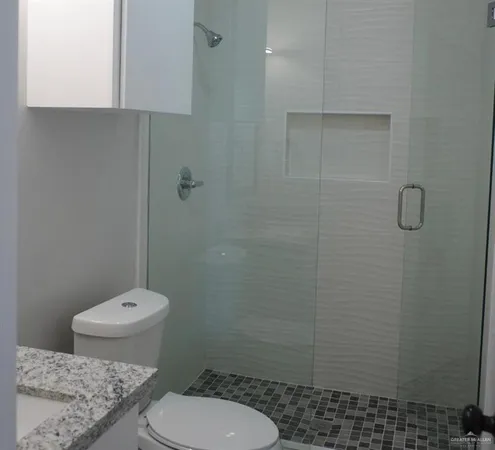 a bathroom with a toilet and a shower