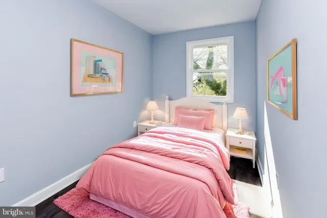 a bedroom with bed and wall painting with wooden floor