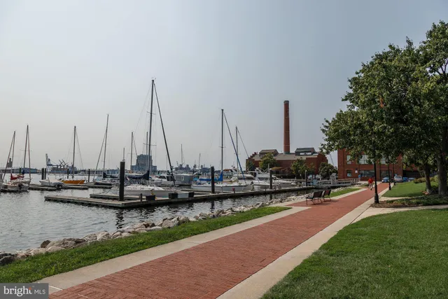 a view of lake with boats and trees in the background