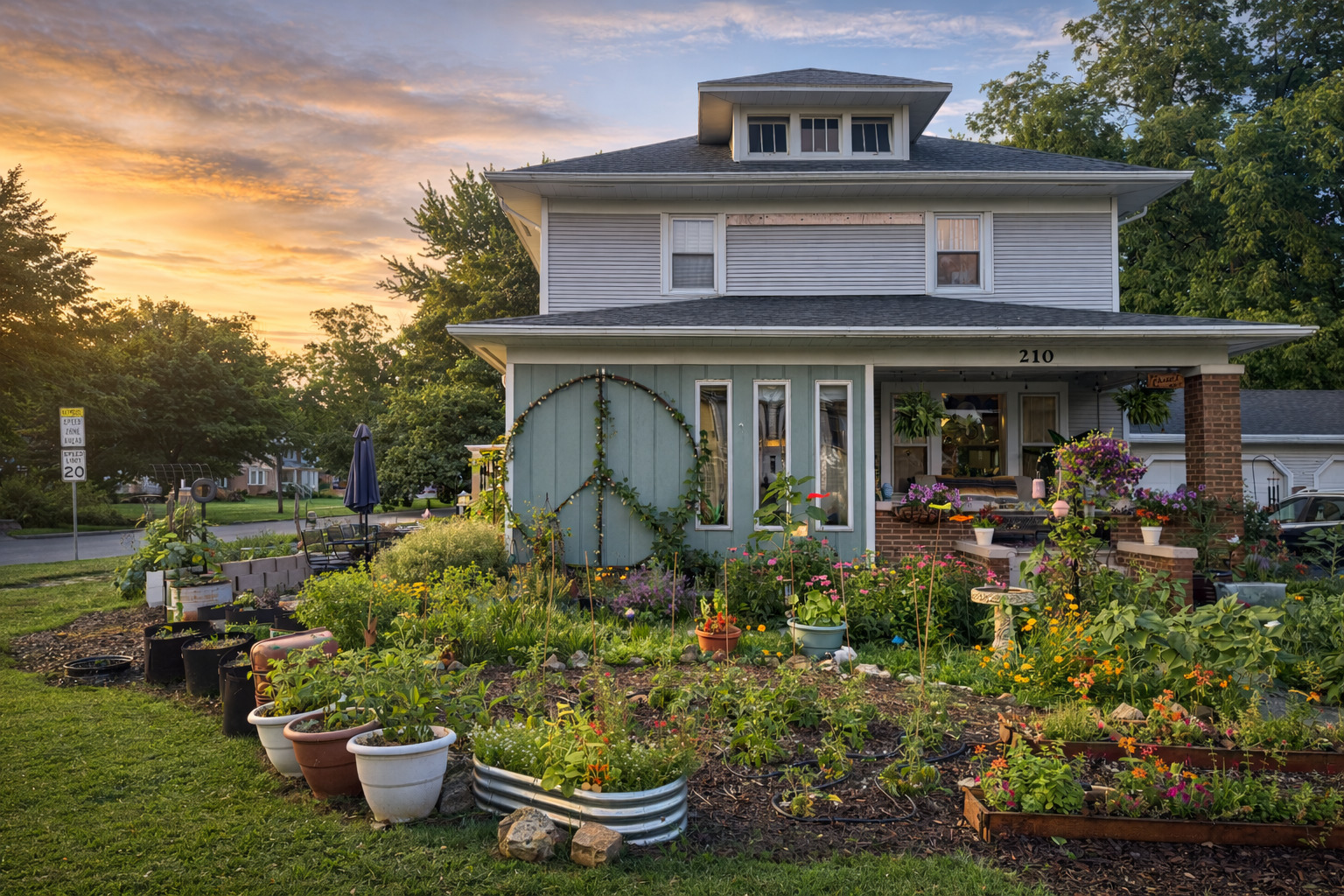 a front view of a house with a yard potted plants and tree