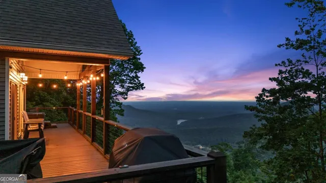 a view of a yard with plants and large trees