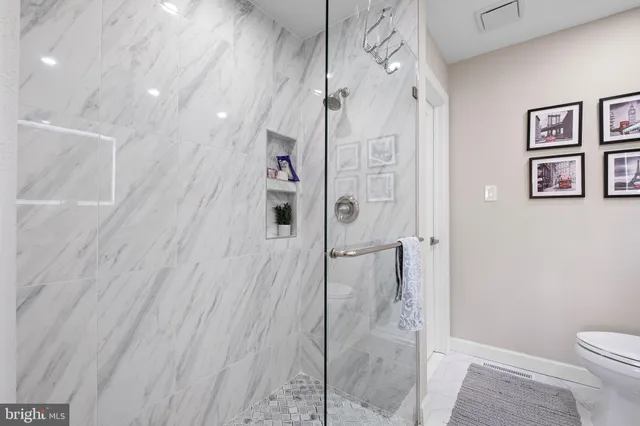 a bathroom with a shower and toilet