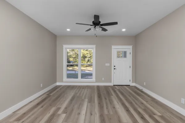 a view of swimming pool from a window