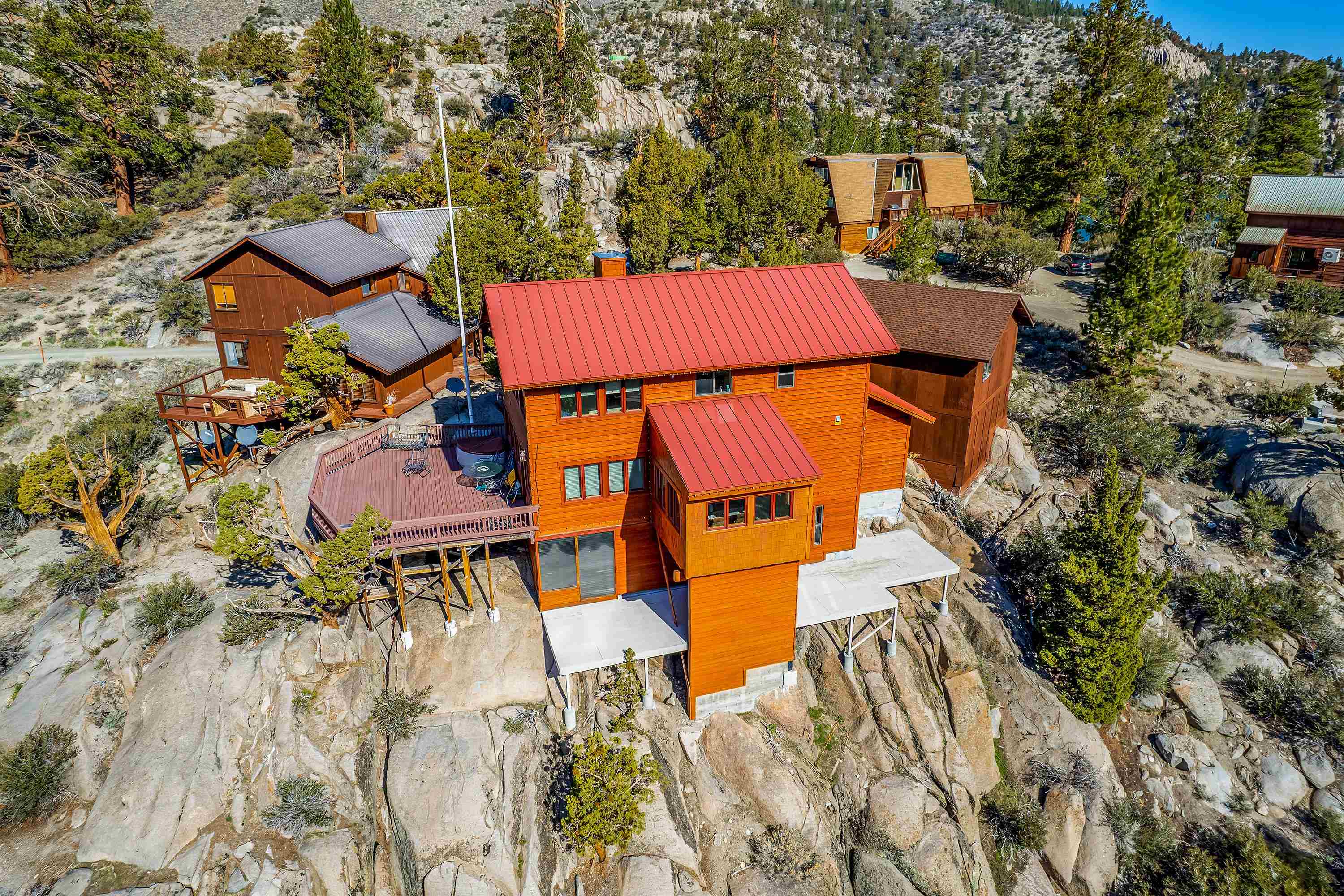 214 Skyline Road June Lake, CA 93529 - Photo 38 of 39 an aerial view of a house with swimming pool and outdoor seating