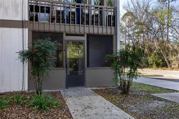 a view of a house with a yard and potted plants