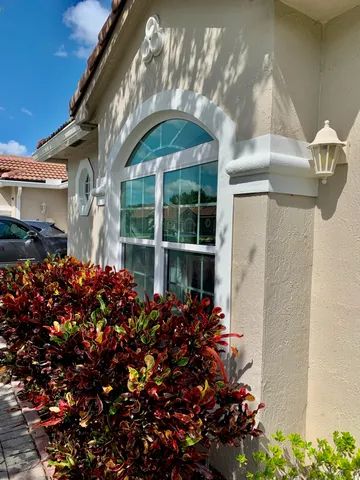 a front view of building with an outdoor space