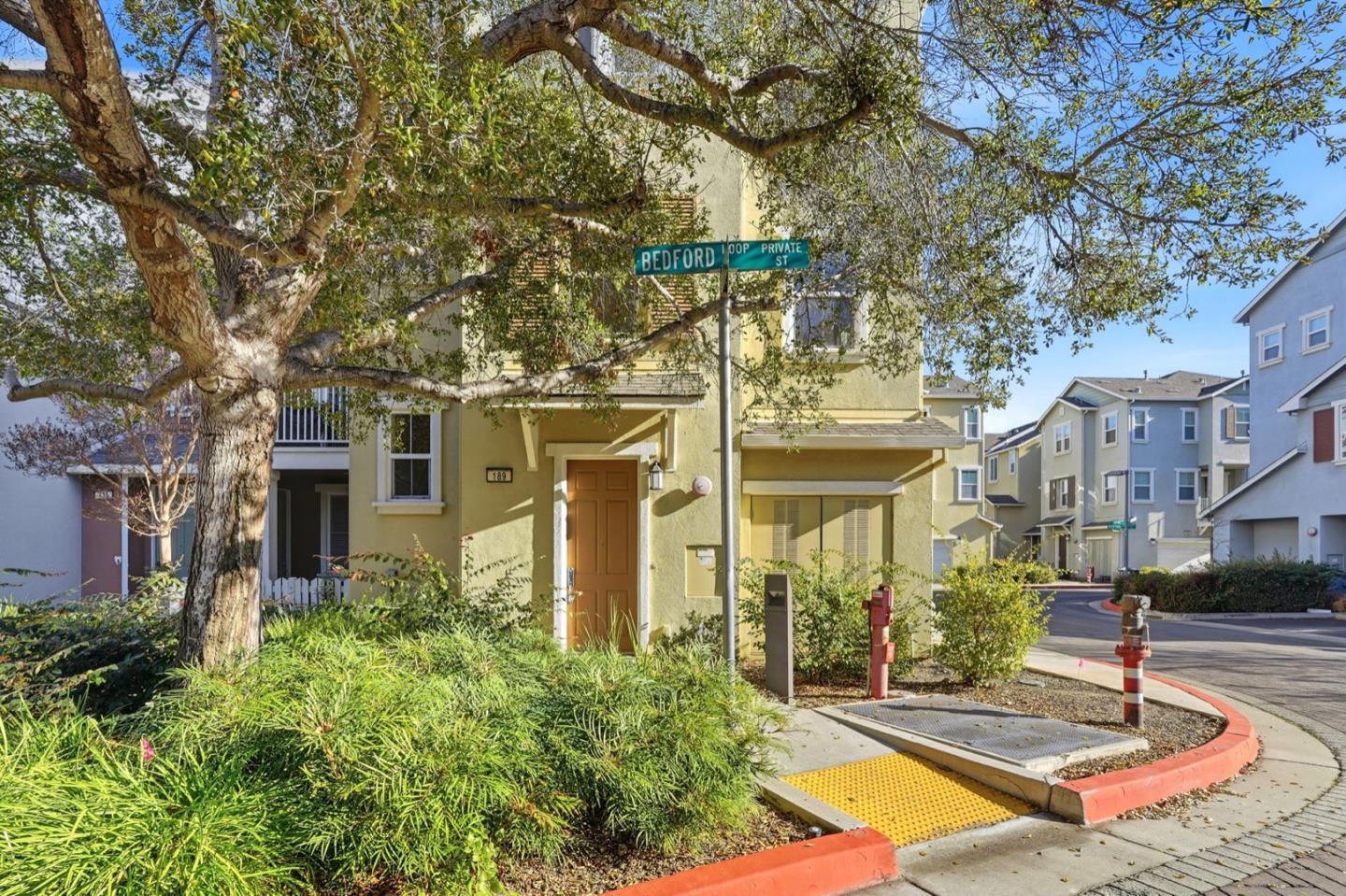 a front view of a house with a tree