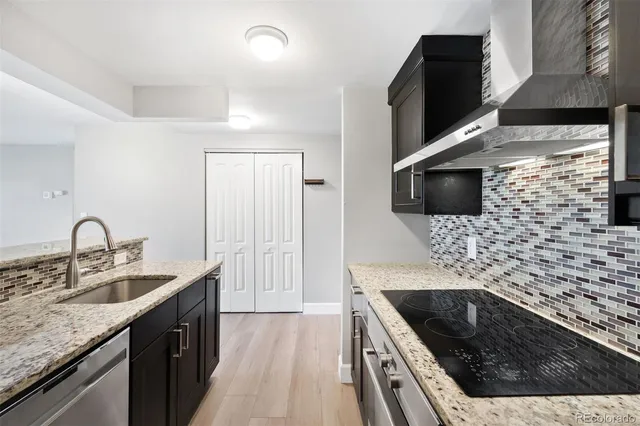 a kitchen with stainless steel appliances granite countertop a sink stove and microwave