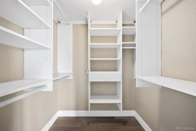 a view of walk in closet with empty racks