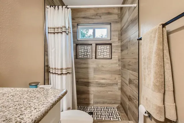 a bathroom with a granite countertop sink a toilet and shower