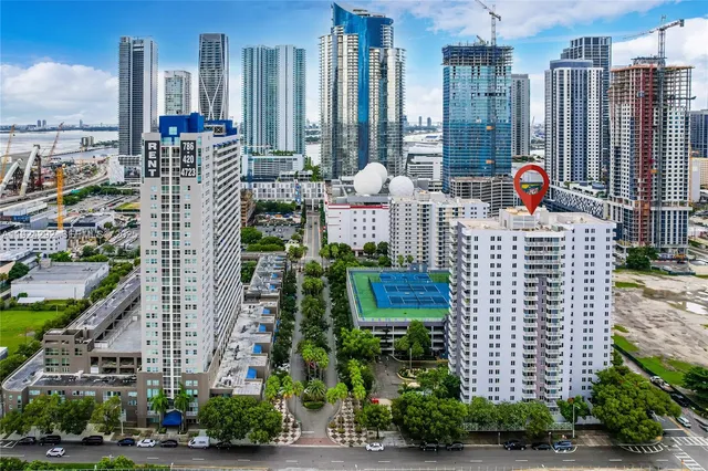 a city view with tall buildings