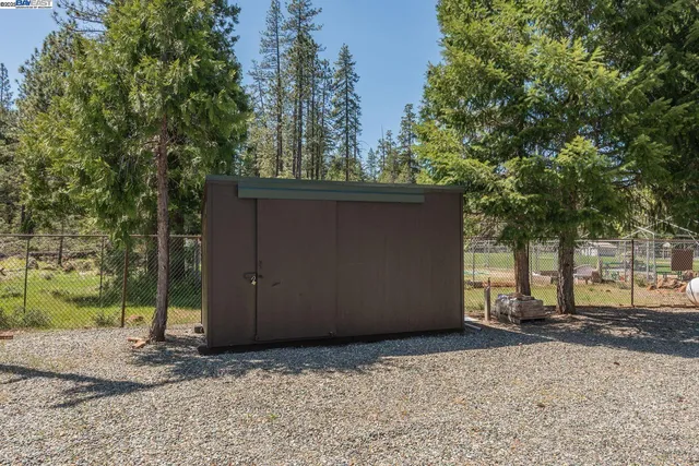a backyard of a house with large trees and wooden fence