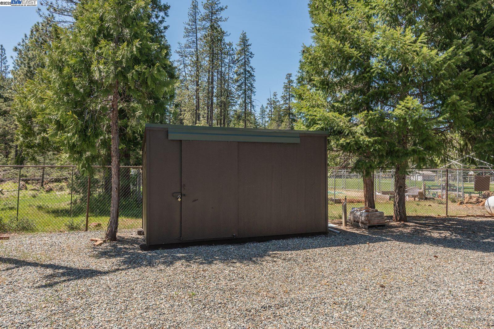 21 Cedar Road Trinity Center, CA 96091 - Photo 29 of 50 a backyard of a house with large trees and wooden fence