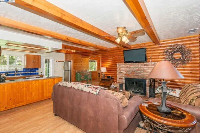 a living room with fireplace furniture and a flat screen tv