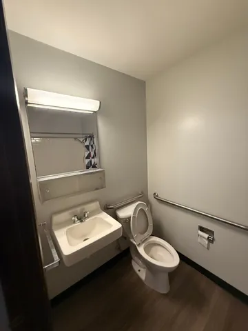 a bathroom with a toilet a sink and mirror