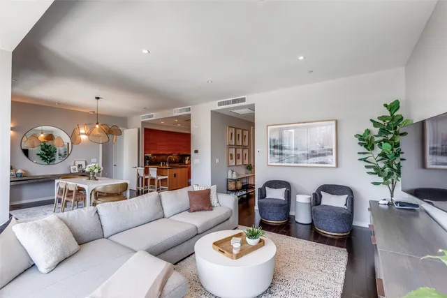 a living room with furniture and a potted plant