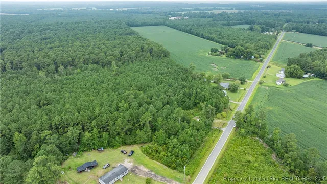 an aerial view of residential houses with outdoor space and trees
