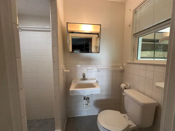 a bathroom with a toilet sink and mirror