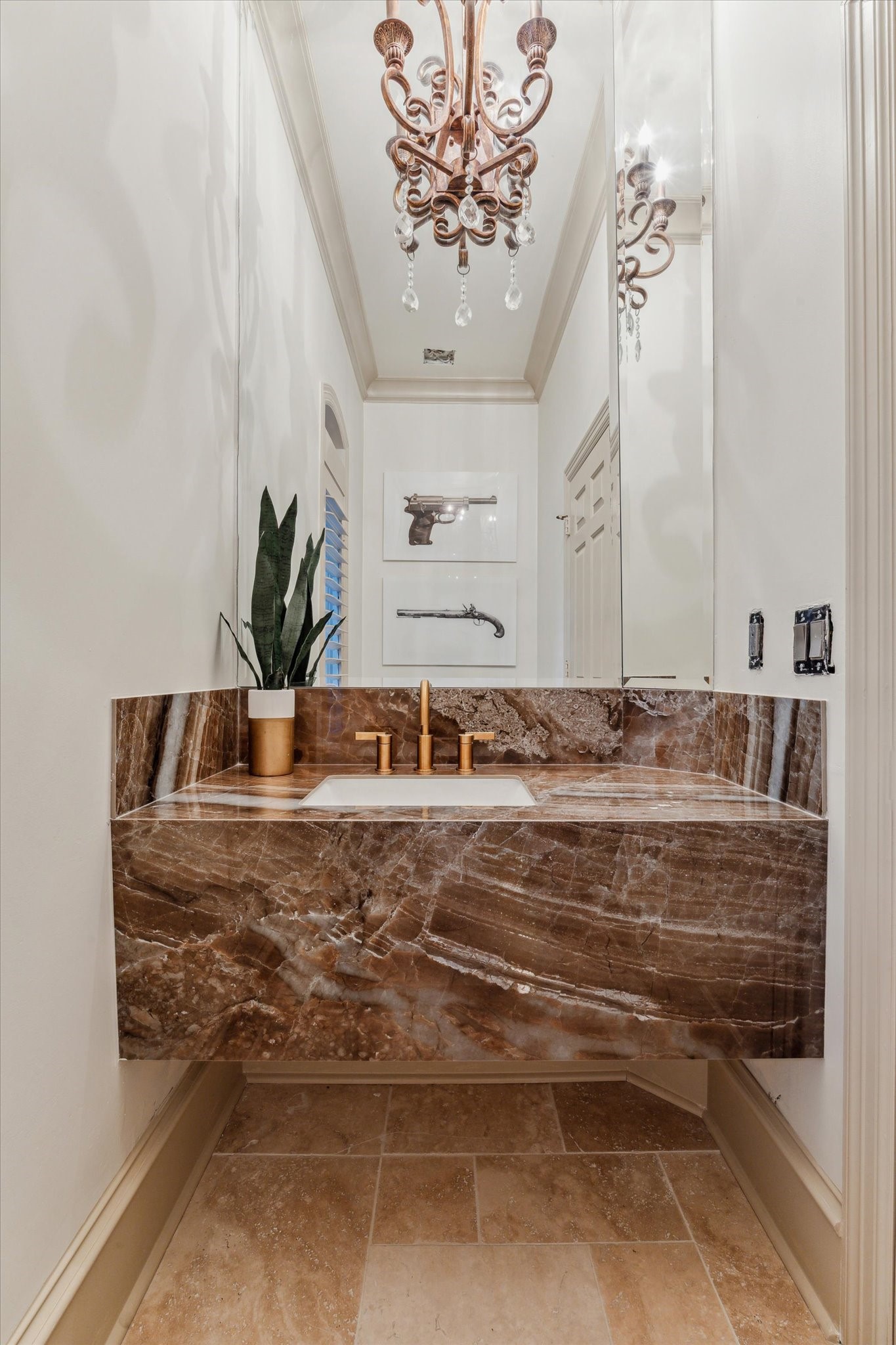 918 Huntington Cove Houston, TX 77063 - Photo 32 of 50 Chic powder room featuring a striking vanity with porcelain tile finish